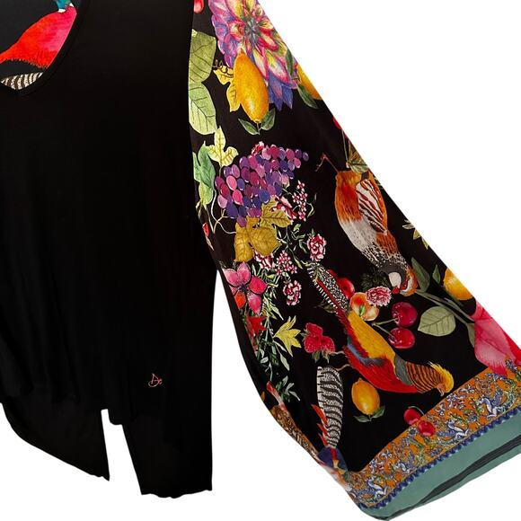 Desigual Eltsa Statement Sleeve Top Womens Medium Black Floral Birds Boho - Picture 3 of 10